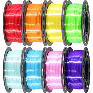 1.75mm Silk Shiny PLA 3D Printer Filament 8 Bright Colors Bundle: Silk Yellow/Lime Green/Orange/Sky Blue/Pink/Cyan/Red/Purple, Each Spool 250g, Total 2Kg 3D Printing Material, 250g x 8 Spools