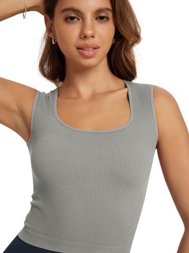 ODODOS Seamless Square Neck Tank for Women Ribbed Soft Sleeveless Longline Crop Tops X