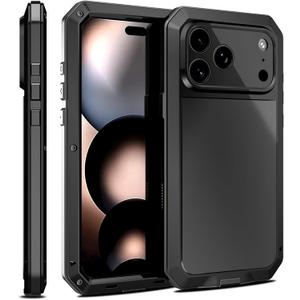 Armor Metal Case for iPhone 17 Pro Max with Tempered Glass Screen Protector, Heavy Duty Military Grade, Shockproof Dustproof Water Resistant Camera Protection Silicone Back Full Body Case Black