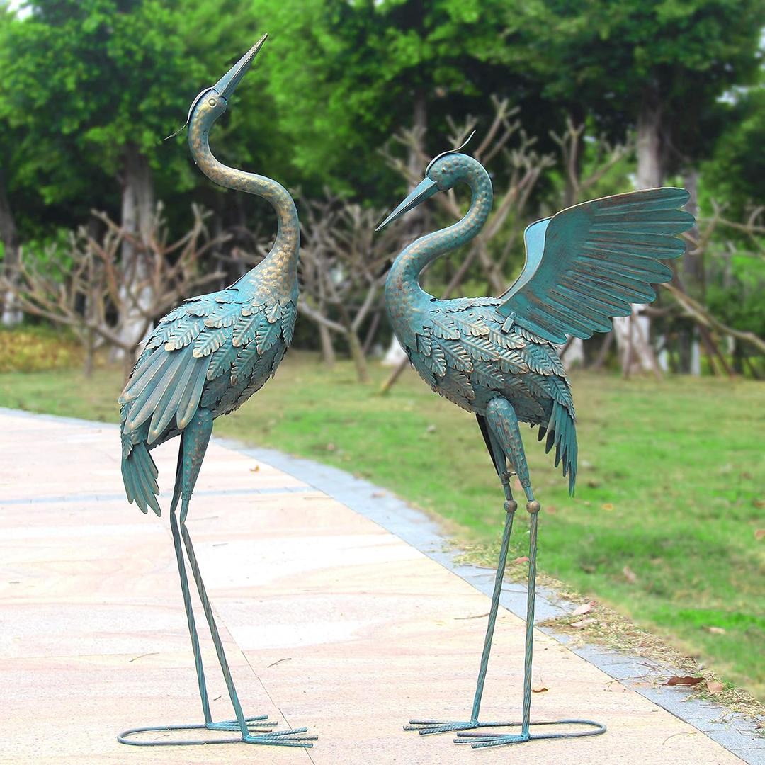 33-37 Inch Metal Crane Garden Statue Dcor, Bird Garden Sculpture & Statues, Outdoor Decoration for Yard Patio Lawn Backyard Pool, Vintage Spread Wings Crane, Set of 2 (Cyan)
