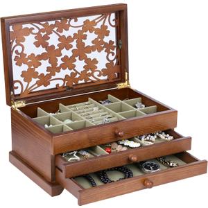 Kendal Wooden Jewelry Box for Women, Real Wooden Jewelry Holder Organizer Box with Four Leaf Clover Patterns, Graduation Gift Jewelry Boxes for Storage Earrings Rings Bracelet, Ideal Gift for Mom (3 Layer with Green Lining)