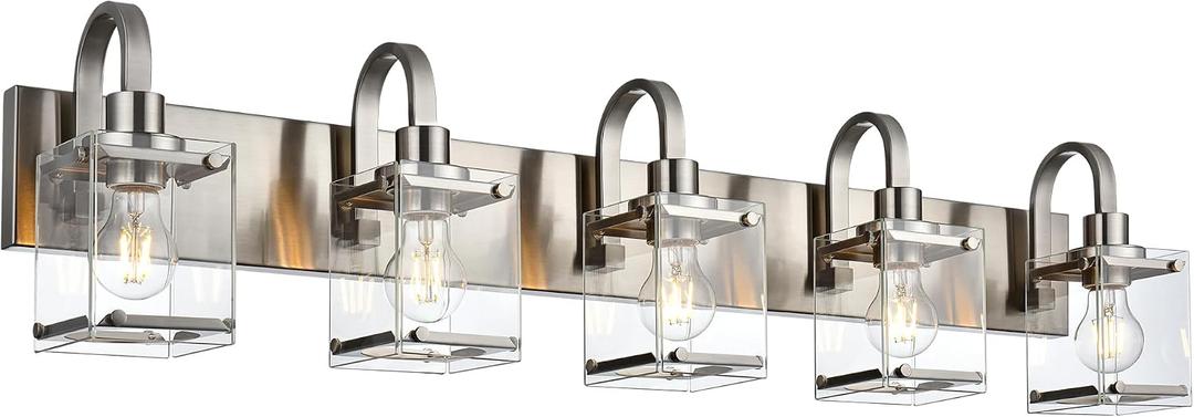 Bathroom Vanity Light 5-Light Wall Sconce Lighting Modern Wall Light with Clear Glass Shade Modern Brushed Nickel Wall Lamp Mounted Lights Over Mirror for Living Room, Bedroom, Hallway