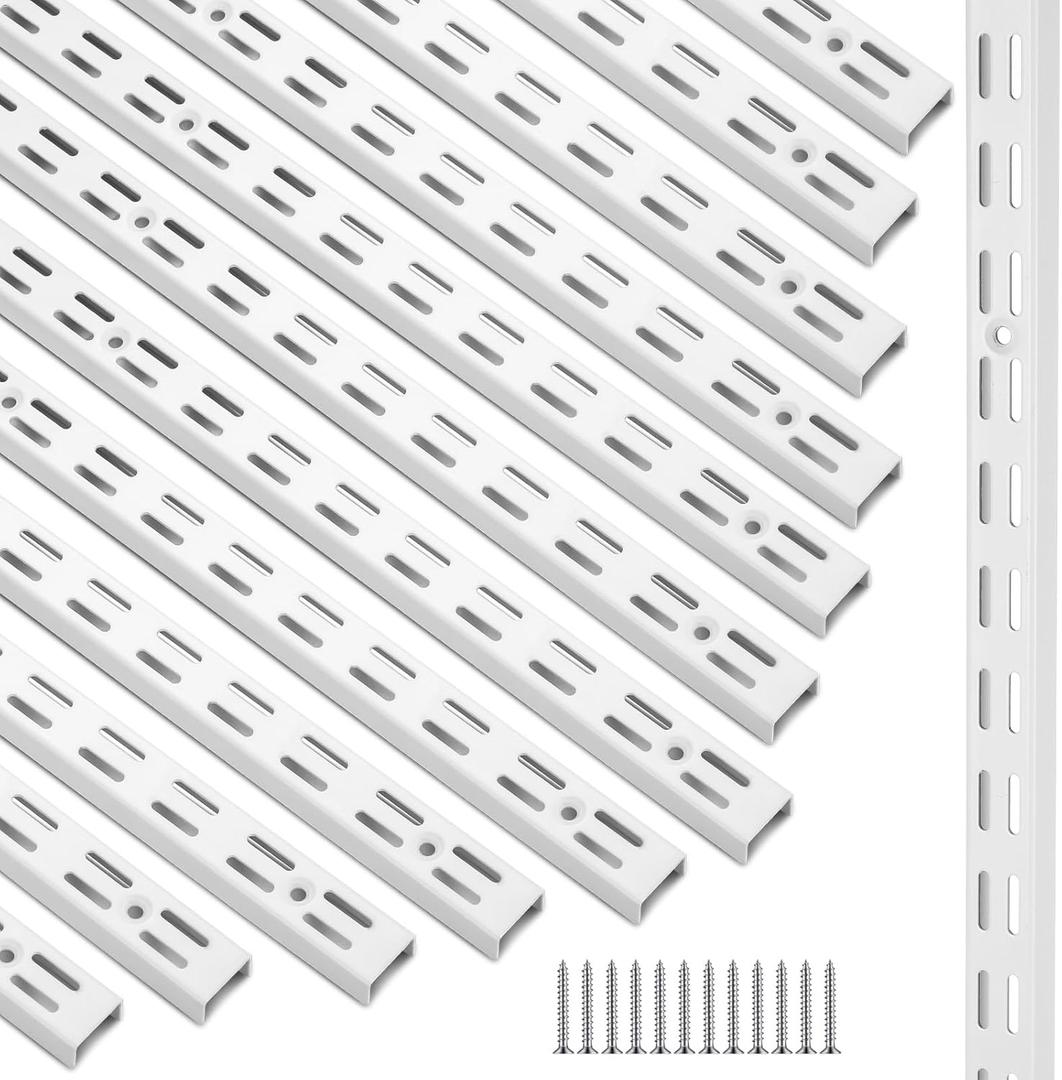 12 Pack 47 Inch Dual Track Upright Wall Shelving System Shelf Bracket Twin Slot Shelf Rail Twin Track Upright Heavy Duty Support System for Pantries, Linen Closets, Laundry Rooms (White)
