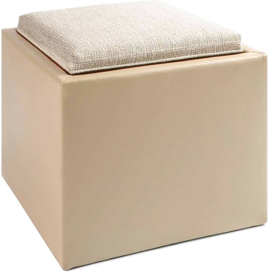 Beige Teddy Storage Ottoman, 18.5" Cube with Tray, Comfy Foot Rest and Multi-Purpose Uses, Home Decor Space Saving Solution