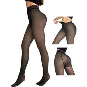 CHICME Womens Thick Fleece Lined Transparent Tights High Waist Elasticity Thermal Pantyhose Faux Sheer Warm Leggings (Size: X-Large, Black)