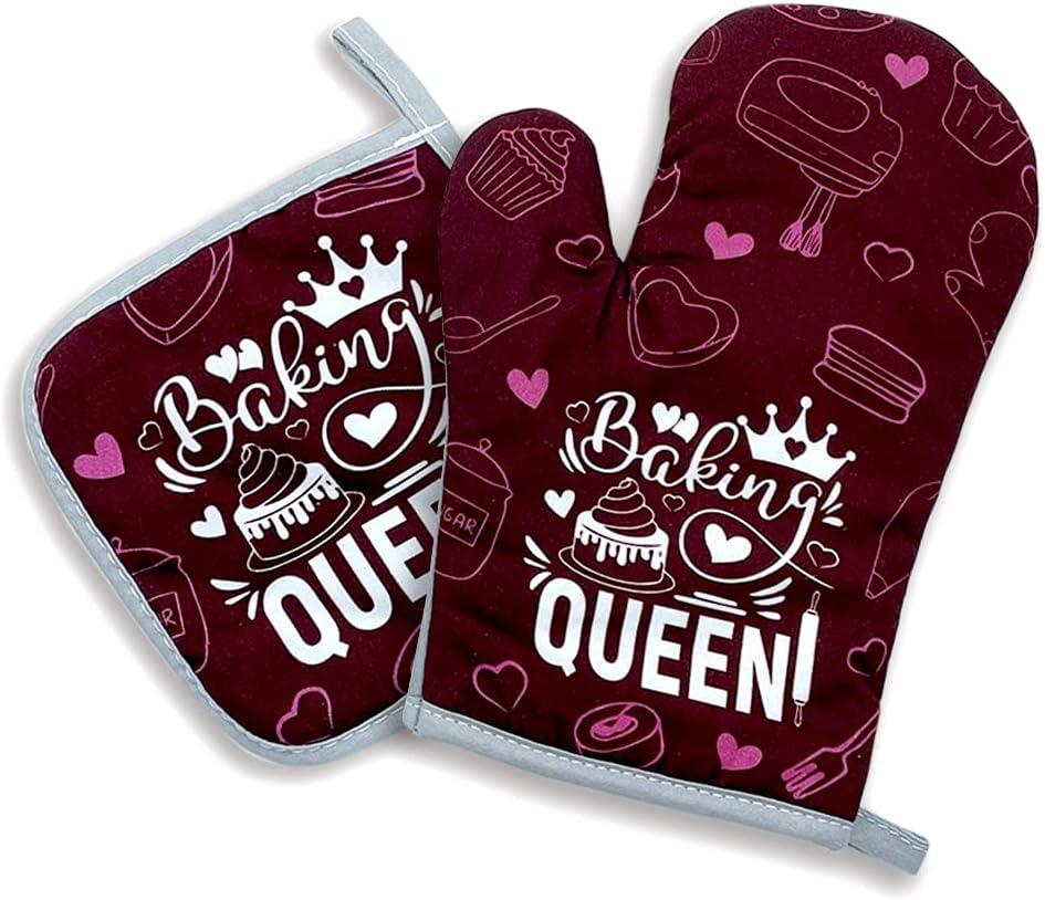 zcyhtqp, Baking Queen, Funny Silicone Non-Slip Oven Mitts and Pot Holders Sets of 2, Queen Oven Mitts, Kitchen Gift for Women, Bake Lover Gift, Mother's Day Kitchen Gifts