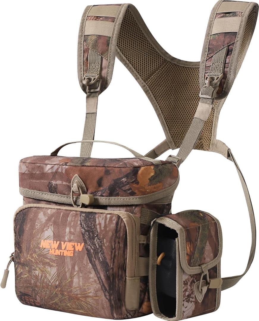 NEW VIEW CamoRanger Binocular Harness Chest Pack, Ripstop Bino Harness with Rangefinder Pouch and Rain Cover for Hunting