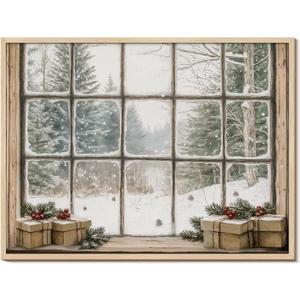 Vintage Christmas Cabin Window Framed Canvas Wall Art 12x16 Inch, Winter Snow Landscape Painting Pine Cones and Gifts Berries Print, Rustic Farmhouse Living Room Bedroom Entryway Holiday Decor