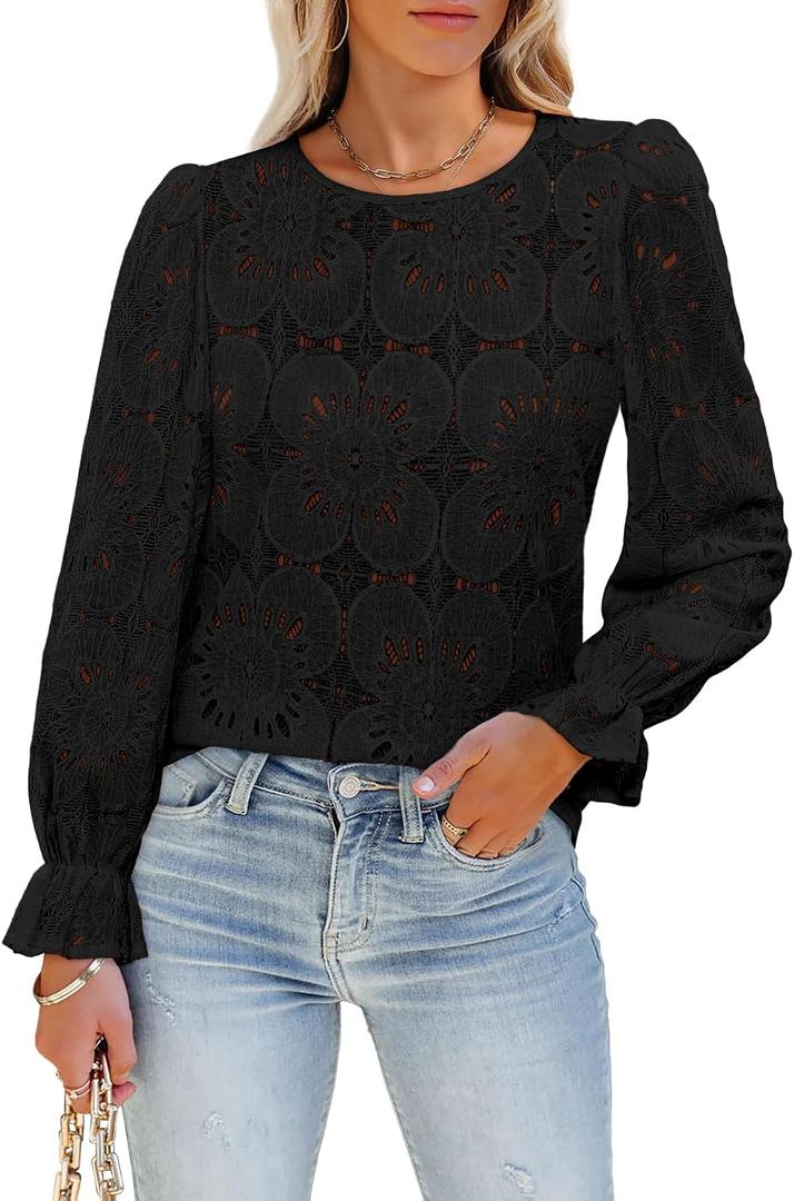 LUXVEER Women's Long Sleeve Eyelet Shirts Lace Embroidered Blouses Dressy Casual 2026 Fall Fashion Tops (S)