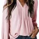 Dokotoo Womens Tops Casual Pleated V Neck Puff Long Sleeve T Shirts Loose Tunic Business Blouse (Large, Pink)