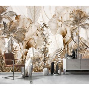 Modern Neutral Beige Abstract Tropical Leaves Art Wallpaper Peel and Stick Canvas material beige tropical palm leaf wallpaper easy peel and stick removable waterproof durable home decor, 135" x 96"