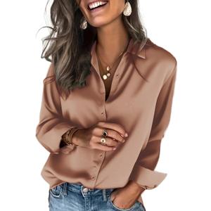 Zeagoo Satin Blouses for Women Silk Button Down Shirts Long Sleeve Business Casual Tops (Medium, Toffee)