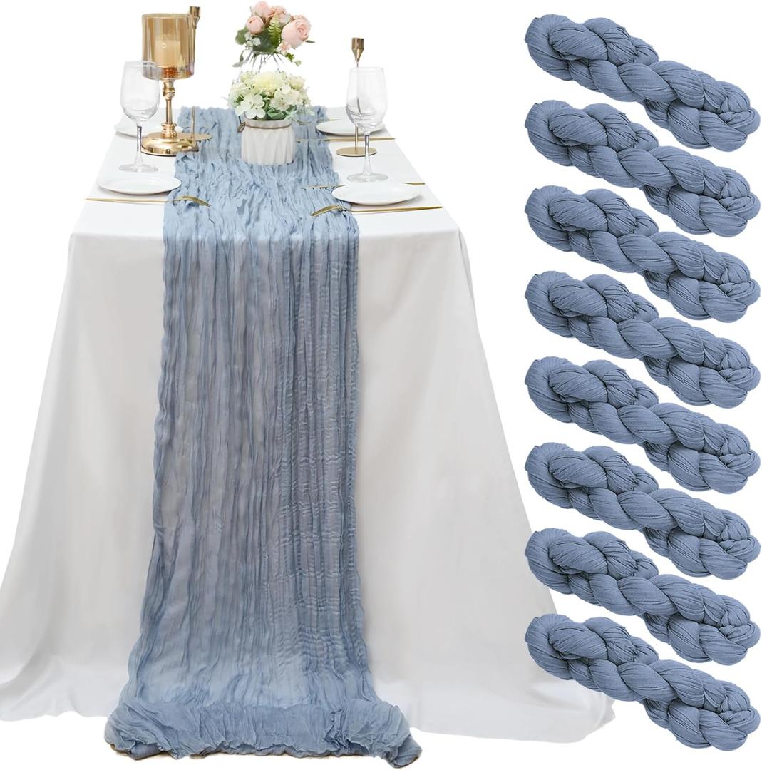 8 Pack Dusty Blue Cheesecloth Table Runner 10Ft Gauze Cheese Cloth Table Runner 35x120Inch Romantic Boho Table Runners for Wedding Anniversary Birthday Party Bridal Baby Shower Engagement Table Decor