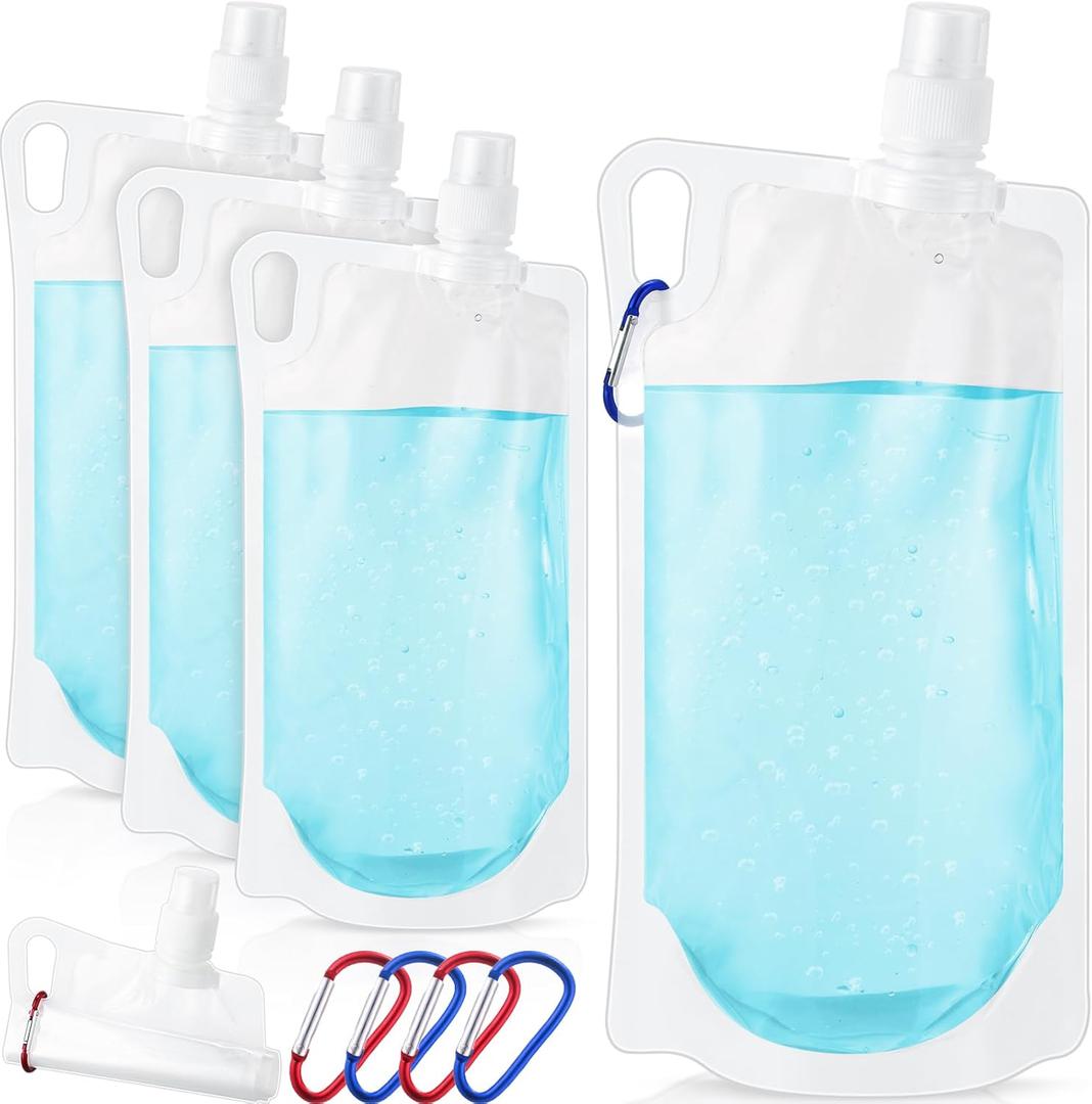 Maxdot 4 Pack 1L Collapsible Travel Water Bottles with Clip 33 oz Clear Foldable Water Pouch Container Bag for Hiking Backpacking Camping Travel Emergency
