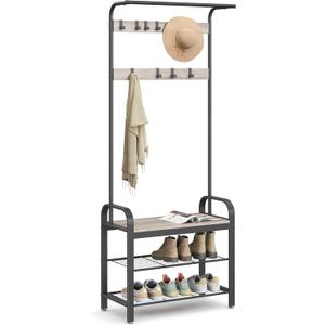 VASAGLE Coat Rack, Hall Tree with Shoe Bench for Entryway, Entryway Bench with Coat Rack, 4-in-1, with 9 Removable Hooks, a Hanging Rod, 13.3 x 28.3 x 72.1 Inches, Greige and Black UHSR40MB