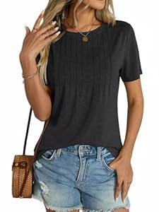 Womens Short Sleeve T Shirts Pleated Dressy Casual Crewneck Loose Fit Tee Trendy Summer Tops Blouses 2025