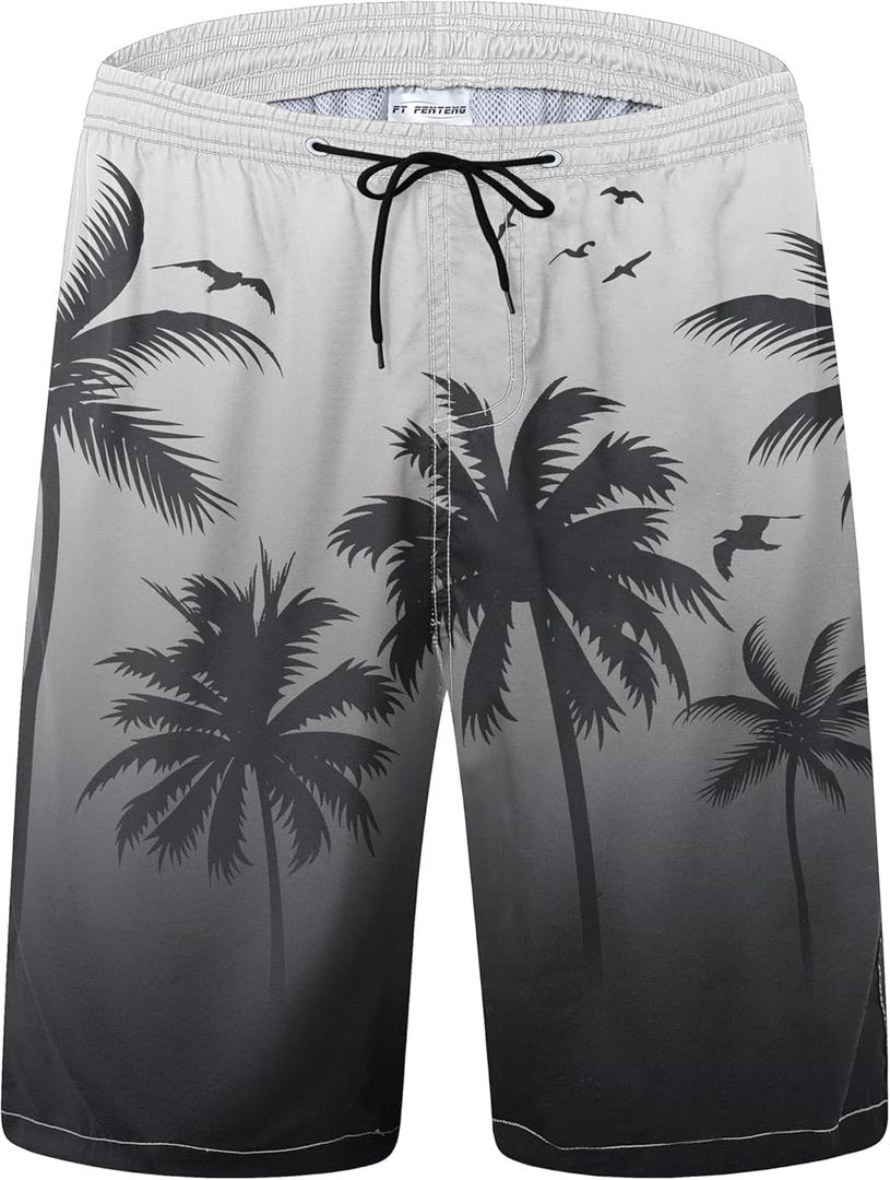 Mens Swim Trunks Quick Dry Board Shorts with Mesh Lining, Breathable Fit Hawaii Beach Shorts Swimwear Bathing Suits (3X-Large, Black Grey Palm)