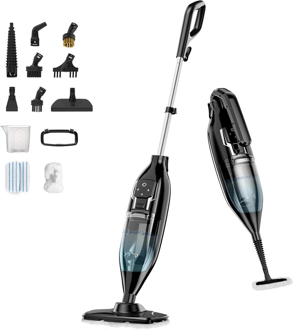 12-in-1 Steam Mop, Steam Cleaner for Home with Handheld Detachable Floor Steamer for Cleaning Hardwood, Windows, Tiles Grout, Furniture, Carpet with Washable Microfiber Pads, Whole Home Use (black)