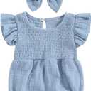 Newborn Baby Girl Clothes Ruffle Sleeve Solid Smocked Bubble Romper Jumpsuit Bow Headband Cute Summer Clothes (Blue)