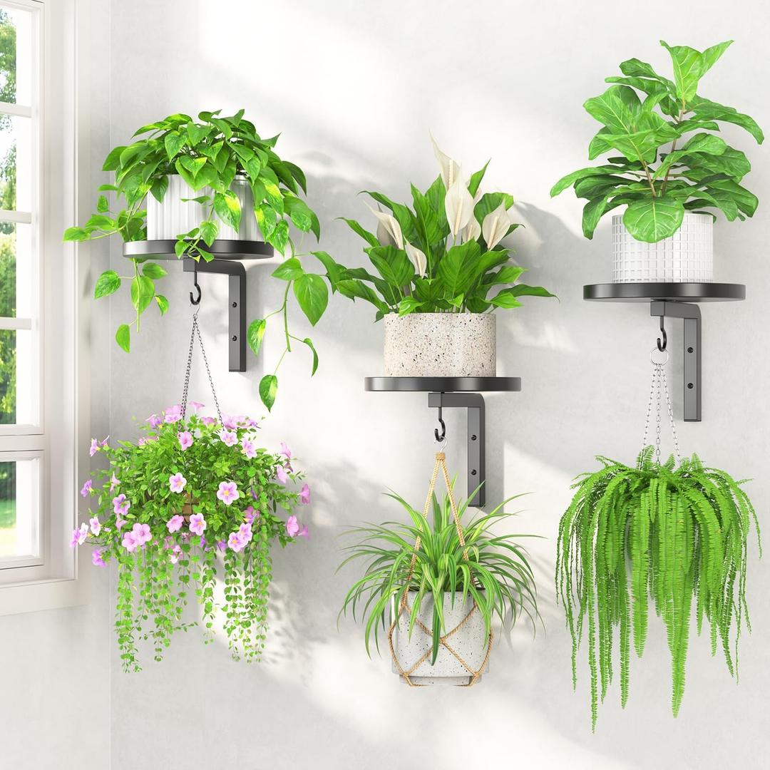 LASZOLA Plant Hangers Shelves Wall Mounted Indoor, Metal Window Plant Holders, 3Pcs Modern Floating Flower Display Stand with 3 Hooks for Outdoor Kitchen Bathroom Decor, Black