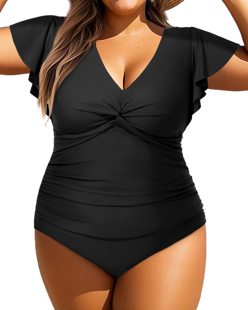 Aqua Eve Plus Size One Piece Swimsuit with Sleeve Tummy Control Bathing Suit Ruffle Vintage Swimwear Black 22W