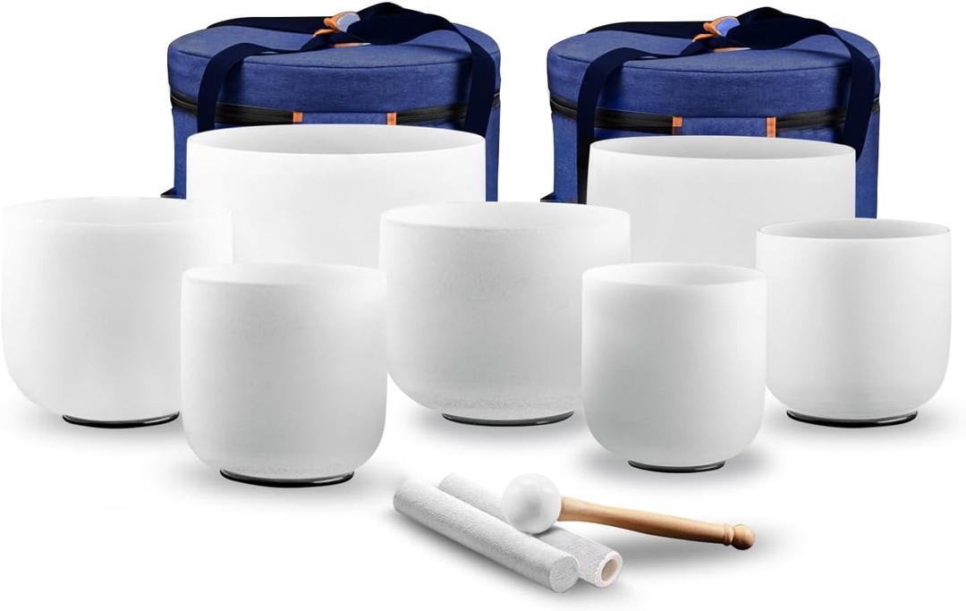7 Chakra 432Hz Crystal Singing Bowl Set - 6-12 Inch Frosted Quartz Sound Therapy Bowls for Meditation, Yoga & Reiki - Includes Suede Mallets, Padded Case & O-Rings - Complete Healing Kit (6-12 Inch 432 hz With Case, 7pcs White Set)