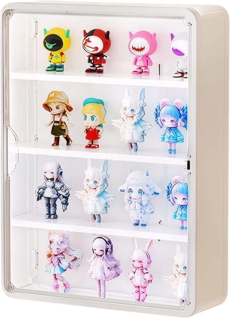 HGYZE Clear Display Case for Figures, 15.75" High, Wall Mounted Shelf with Magnetic Door, Hanging Display Case for Collectibles Action Doll Blindboxes Storage (White, 4-Layer 1 Pack)