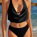 SUUKSESS Women Sexy Two Piece Bikini Set Halter Cowl Neck Bathing Suit (Black, L)
