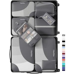 OlarHike 8 Set Packing Cubes for Travel, Sturdy Suitcase Organizer in 4 Sizes (Extra Large, Large, Medium, Small), OlarHike Luggage Cubes with Toiletry Bag, Cruise Ship Gifts for Men (Grey) (8 set (Short-Term Trip))