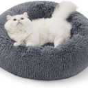 Bedsure Calming Donut Cat Bed - Fluffy Plush Round Pet Bed for Kitten & Puppy, Washable Anti-Anxiety Soft Comfy Cuddler, 20x20 Inches, Grey (Basic Version)