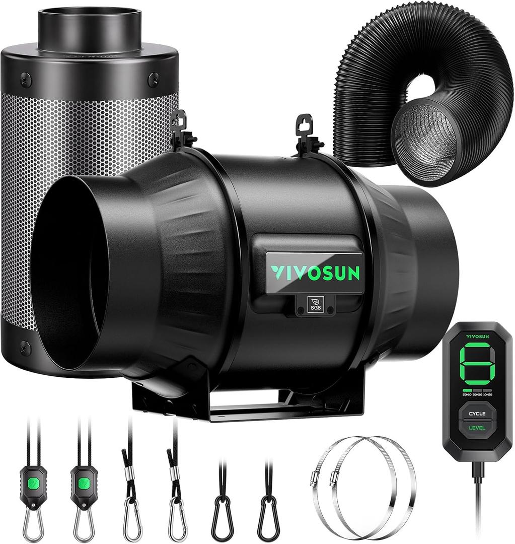 VIVOSUN Smart Air Filtration T6 Kit 6", AeroZesh T6 Inline Duct Fan with E12 Speed Controller, Carbon Filter & 8' Ducting, Cooling & Ventilation System for Grow Tents, Indoor Gardening, Hydroponics