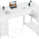 Lufeiya White L Shaped Desk with Drawers - 48 Inch Corner Computer Desk with Shelves Storage, Reversible L-Shaped PC Desks with Power Outlet for Home Office, Bed Room, Writing Workstation