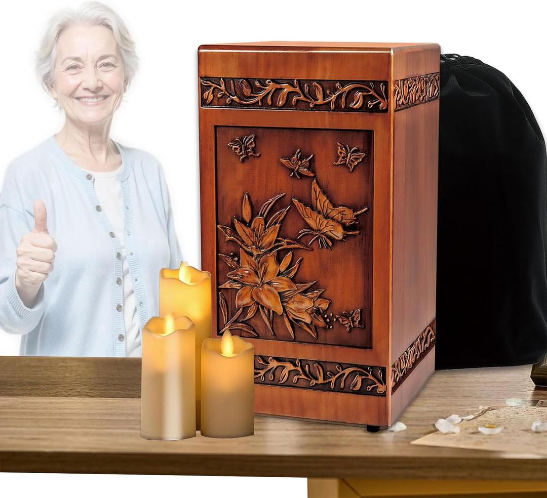 DBIGQ Wooden Urn for Ashes Adult Male Female,Decorative Burial Funeral Memorial Urn, Burial Casket Keepsake with Velvet Bag (Brown, 10, Butterfly and Rose)