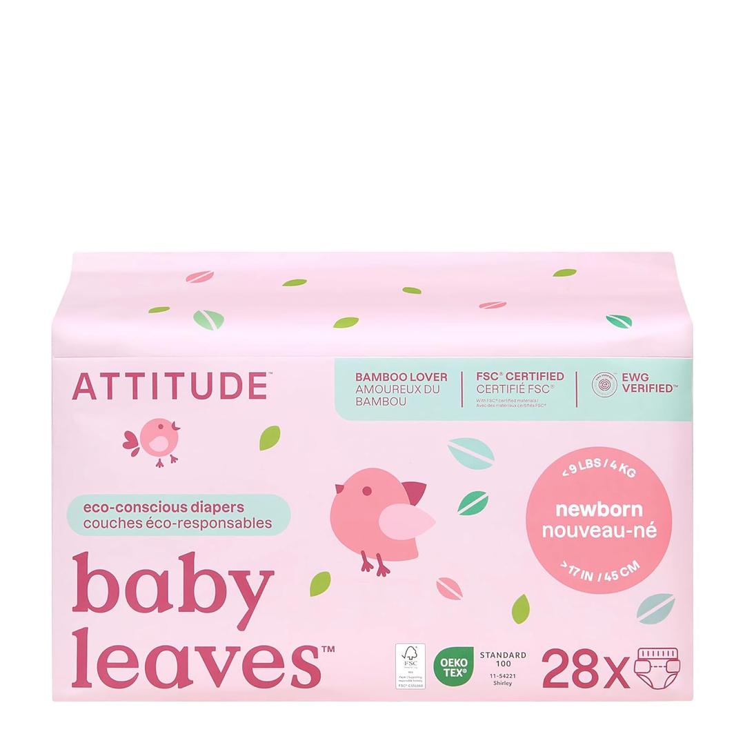 Attitude Eco-Conscious Disposable Diapers, EWG Verified, Size 1/Newborn (< 9 lbs), Ultra Absorbent for Baby, Vegan & Plant-Based, 28 Count