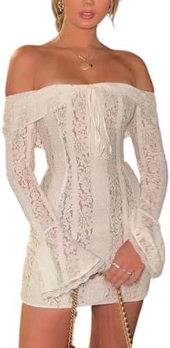 Sezhgswd Women Elegant Off Shoulder Lace Bodycon Maxi Dress Bell Sleeve Mesh Sheer Mermaid Wedding Party Dress, White, S