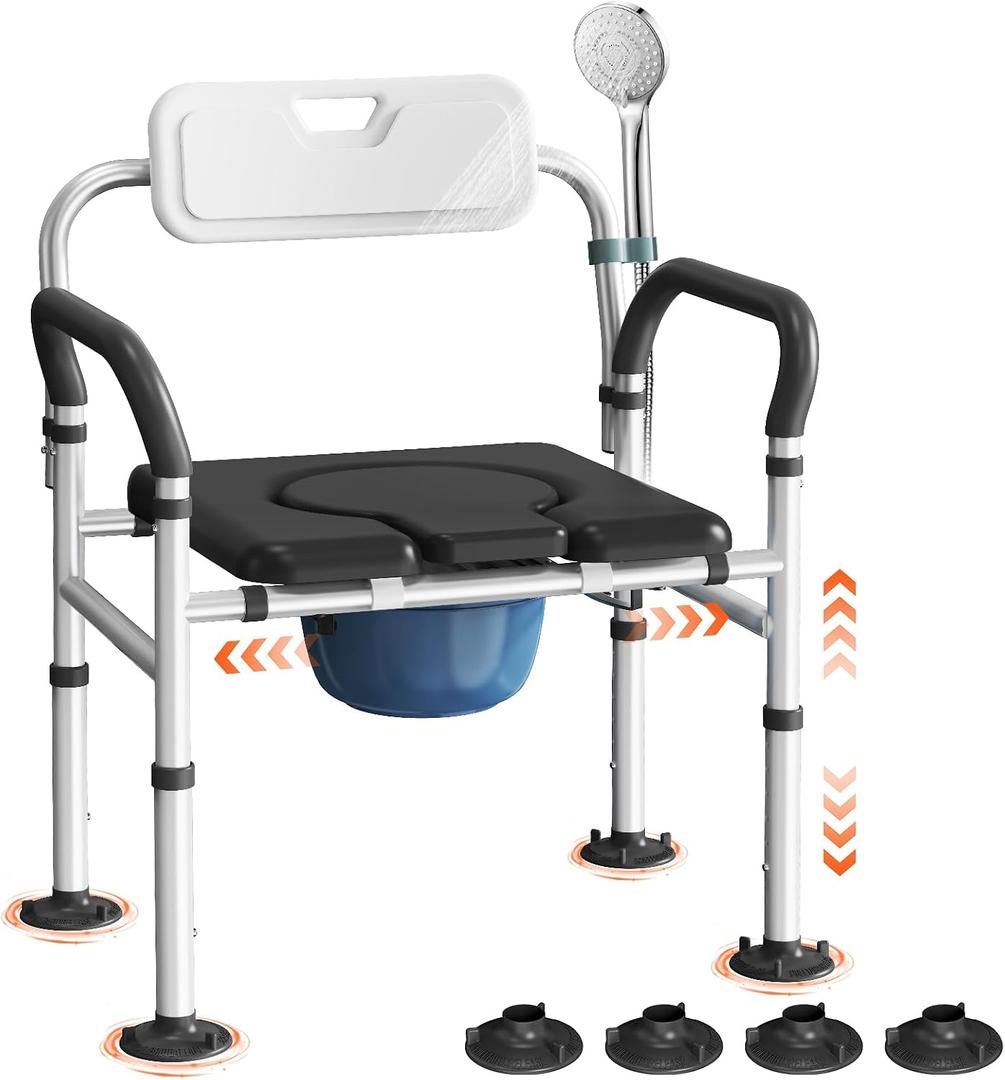 Heavy Duty Bedside Commode Chair with Adjustable Height and Width, Raised Toilet Seat with Arms Handles and Back Support for Elderly, Portable Bedside Toilet with Bucket (Width 20.4-22.44")