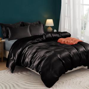 Horbaunal 5 Pieces Satin Duvet Cover Set Queen/Full Size Black Duvet Cover with Corner Ties & Zipper Closure, Luxury & Silky Bedding Set, 1 Duvet Cover and 4 Pillowcases (No Comforter)