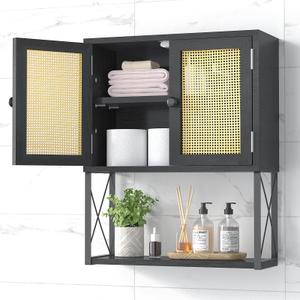 Bathroom Wall Cabinet, Bamboo Over-The-Toilet Storage Organizer with Rattan Doors Space Saver Medicine Cabinet for Laundry, Kitchen, Living Room (Black)