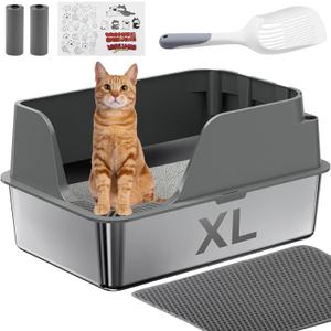 Non-stick Stainless Steel Litter Box, XL Side Opening Splash-Proof & Leak-Proof Seamless Seal, Ellenpent Large Capacity, Cat Litter Box with Lid for Multi-Cats, Large Cats, Easy-Clean & Durable (Gray)