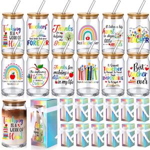 Layhit 12 Set Teacher Appreciation Gifts Glass Cups Bulk for Women Men 16 oz Thank You Drinking Cups Can Shaped Glass with Lids Straws and Gift Boxes for Multiple Teachers School Staff Preschool
