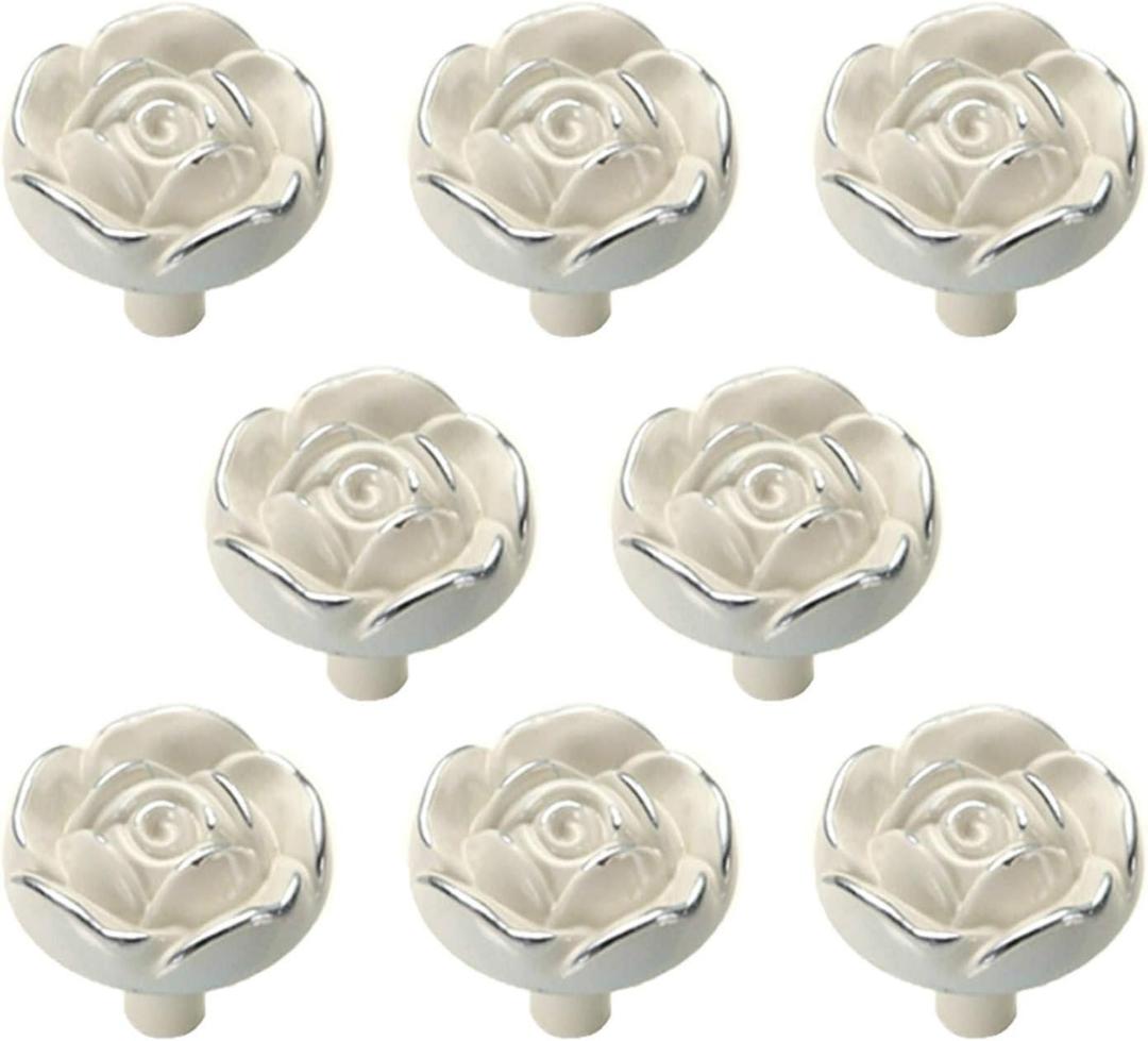 Antique Rose Flower Cabinet Knobs, Vintage Kitchen Shabby Chic Zinc Alloy White Drawer Pull Handles for Dresser Vanity Nightstand Cupboard Wardrobe, 8 Pack (Silver Line)
