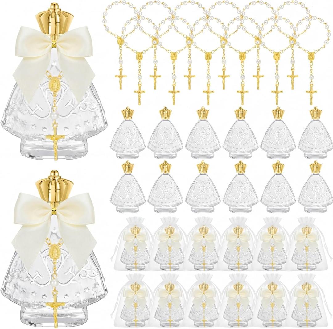 Chuangdi 48 Pcs 24 Sets Holy Water Bottles Baptism Favors for Guest Holy Water Container with Cross Rosary Organza Bag Bow 50ml Glass Empty Container for Communion Christian Wedding (Fresh,White)