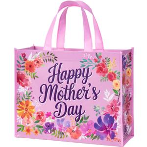 WRAPAHOLIC 13" Large Reusable Mothers Day Floral Gift Bag with Handles - Watercolor Flower Gift Bags for Mothers Day and Moms Birthday