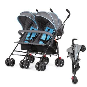 Dream On Me Volgo Twin Baby Stroller, Lightweight Side-by-Side Double Umbrella Stroller with Adjustable Canopy, 5-Point Harness, Storage Basket & Travel-Friendly Fold  Blue and Dark Grey