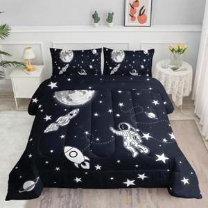 Kids Comforter Set Astronaut Space Rocket Printed Pattern Quilt Bedding Set with 1 Comforter and 2 Pillowcases for Girls Bedroom All Season(Space Rocket Queen), Queen 90x90inches