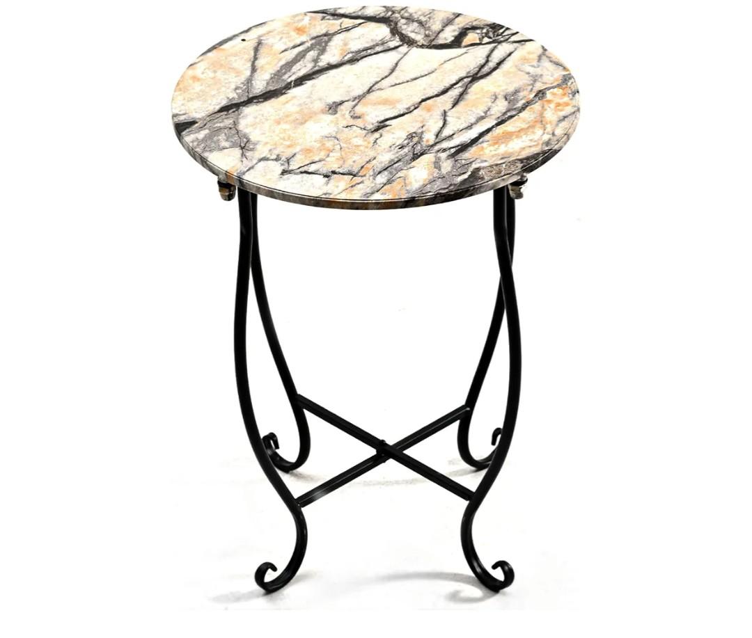 Round Side Table, 17“ H Easy Assembly Weather Resistant Metal Accent TableMarble Pattern Tabletop with Drainage Hole, Indoor & Outdoor Table for Patio, Balcony, Yard, Porch & Living Room Plant Stand