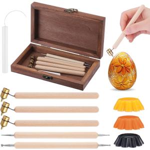 Vicenpal 10 Pcs Ukrainian Easter Egg Decorating Kit with Wood Box Pysanky Traditional Easter Decorating Set 0.3 0.4 0.5 mm Kistka Pen Double Sided Drop Pull Tool Beeswax for Color Egg DIY Craft Set
