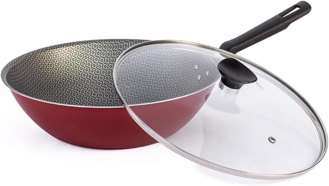 Generic Nonstick Wok Pan with Lid, 11 inch, Starflon Max, PFOA Free, Tempered Glass, Heat Resistant Handle, Dishwasher Safe, Gas Stove