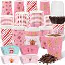 60 PCS 16oz Pink Christmas Paper Cups with Lids Thick Disposable Holiday Designs featuring Gingerbread Men Nutcrackers Snowflakes for Hot Beverage Cocoa Coffee Party Beverage Favors Decoration