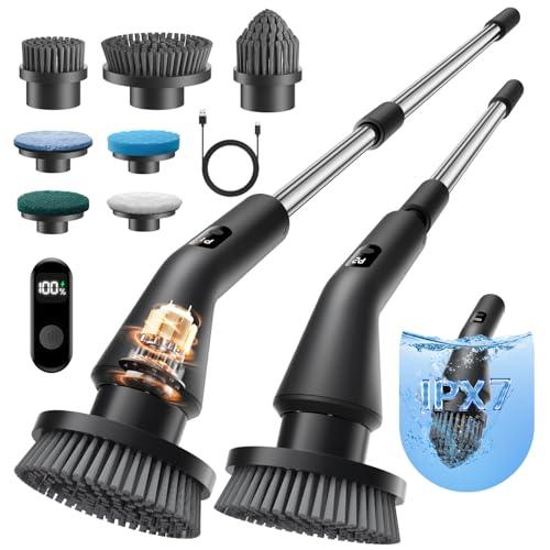 Leebein Electric Spin Scrubber, Cordless Cleaning Brush for Bathroom Shower Tub, IPX7 Waterproof Power Scrubber with 7 Brush Heads, Extendable Long Handle and 2 Speeds Scrubber for Bathtub Floor